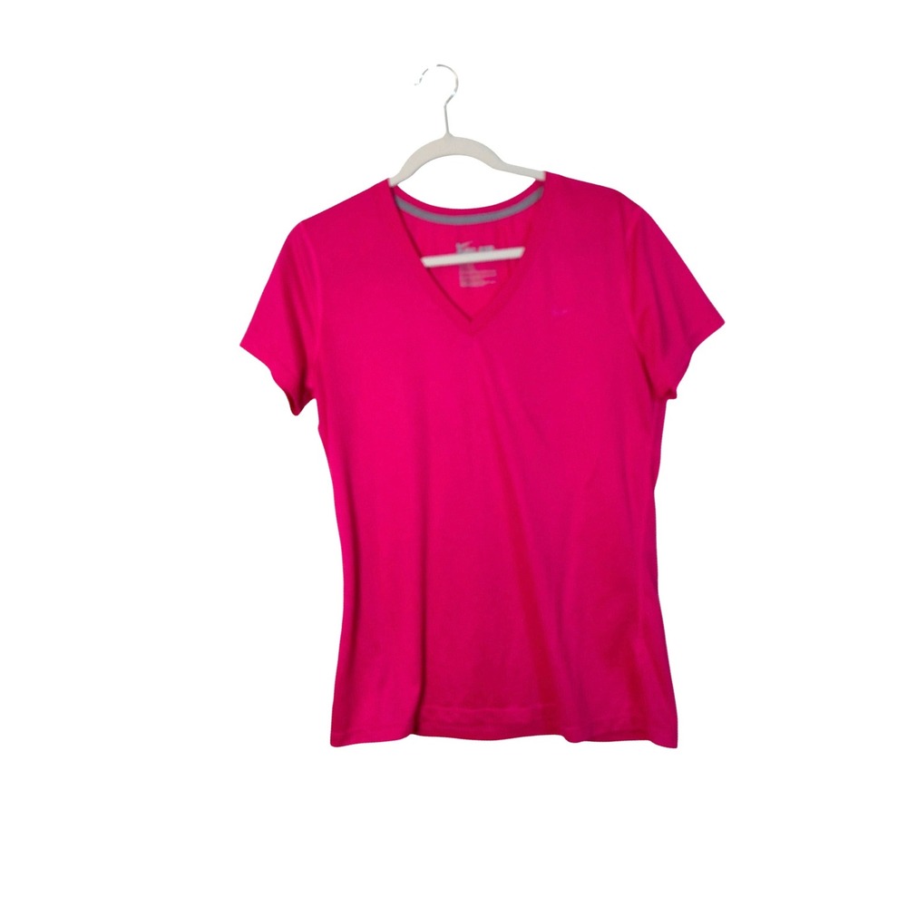 Nike Womens Dri-FIT V-Neck Short Sleeve Athletic Training T-Shirt Pink Large
